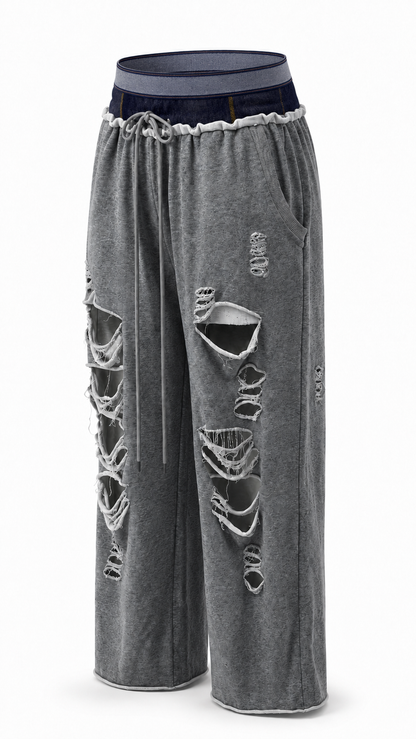 Layered Denim Ripped Sweatpants Grey